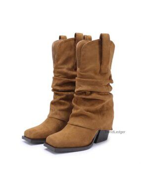 Slouchy Faux Suede Cowboy Boots Mid Calf Square Toe Chunky Block Heel Pull On